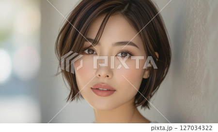 ショートヘアとナチュラルメイクの女性のクローズアップポートレート 127034322