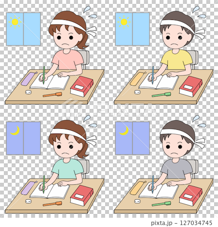 男孩和女孩日夜在書桌前努力學習，兩種模式 127034745