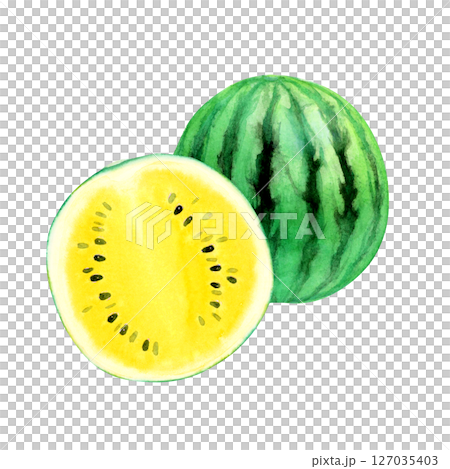 スイカ 黄色 果物 断面 水彩 イラスト スイカ 黄色 果物 断面 水彩 イラスト 127035403