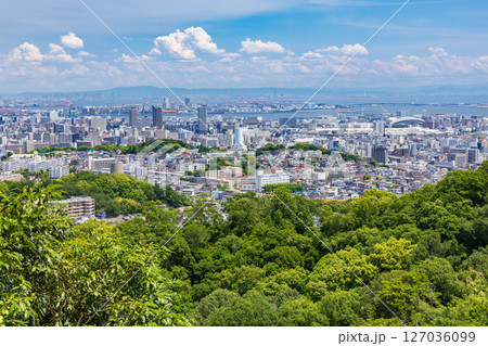 神戸市長田区の高台から眺める長田区、兵庫区、ポートアイランドの風景 127036099
