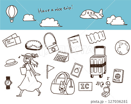 ペンで描いた風旅行のイラストセット白黒 127036281
