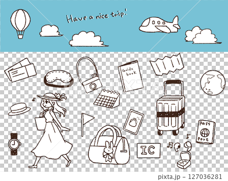 ペンで描いた風旅行のイラストセット白黒 127036281