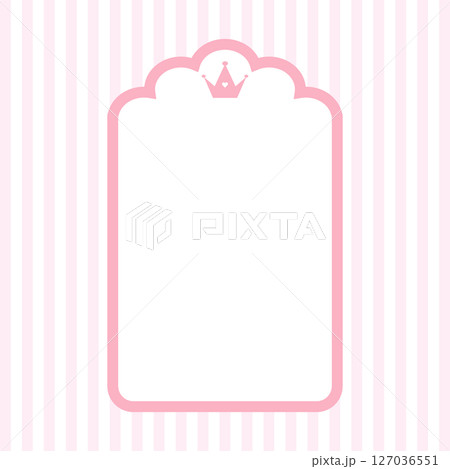 Princess frame with crown. Cute pink template for invitation. Royal poster for birthday, baby shower or wedding. Vintage Vector illustration in flat cartoon style Princess frame with crown. Cute pink template for invitation. Royal poster for birthday, baby shower or wedding. Vintage Vector illustration in flat cartoon style 127036551
