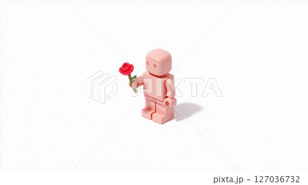 恋をしたAIロボットが一輪の花を差し出す3Dアイコン　白背景素材 127036732
