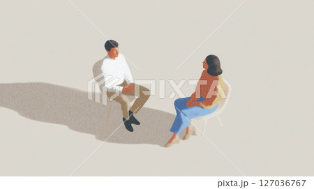 イスに座って対話する男女のイラスト　ポジティブな自己対話コンセプト 127036767