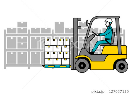 倉庫内でフォークリフトで荷物を運ぶ作業員の男性 倉庫内でフォークリフトで荷物を運ぶ作業員の男性 127037139