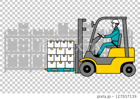 一名男工人在倉庫用堆高機運送貨物 127037139