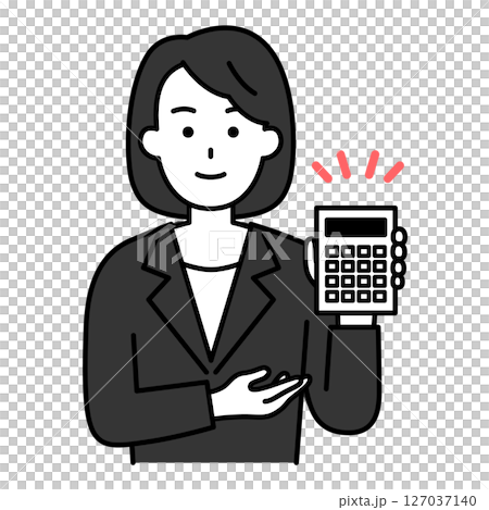 一位身穿黑色西裝的女士展示計算器 127037140