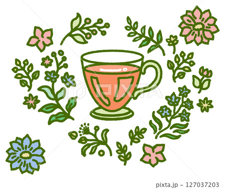 植物とお茶の入ったティーカップのカラーイラスト 植物とお茶の入ったティーカップのカラーイラスト 127037203