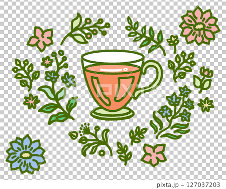 植物とお茶の入ったティーカップのカラーイラスト 植物とお茶の入ったティーカップのカラーイラスト 127037203