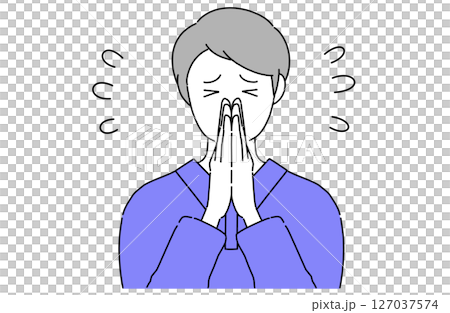 手を合わせて申し訳なさそうに頭を下げている若い男性 手を合わせて申し訳なさそうに頭を下げている若い男性 127037574