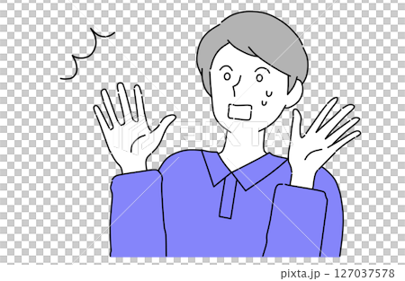 A young man with his arms outstretched and a very surprised look on his face 127037578