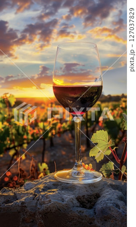Sunset Over Vineyard with Glass of Red Wine Next to Grapevines 127037829