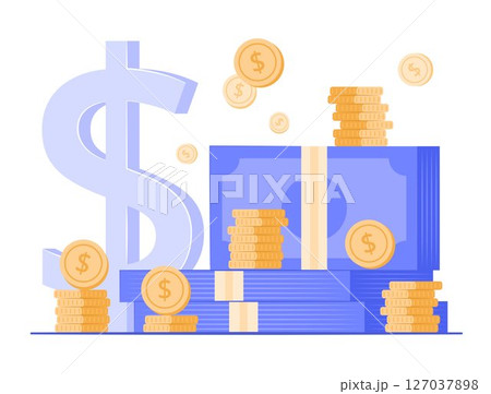Stack of Cash Money and Coins with Dollar Currency Symbol for Financial, Savings and Investment Concept Illustration Stack of Cash Money and Coins with Dollar Currency Symbol for Financial, Savings and Investment Concept Illustration 127037898