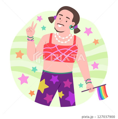 Happy Lady Boy Holding Rainbow Flag for LGBT Gay Pride Celebration Concept Illustration Happy Lady Boy Holding Rainbow Flag for LGBT Gay Pride Celebration Concept Illustration 127037900