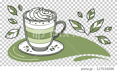 Stylized Matcha Latte with Whipped Cream and Scattered Green Tea Leaves 127038086