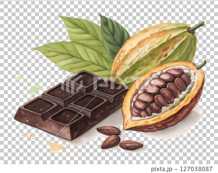 Watercolor Cocoa Pod Chocolate Bar and Almonds Watercolor Cocoa Pod Chocolate Bar and Almonds 127038087