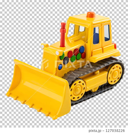 Bright Yellow Toy Bulldozer with Colorful Buttons and Red Exhaust Pipe 127038226