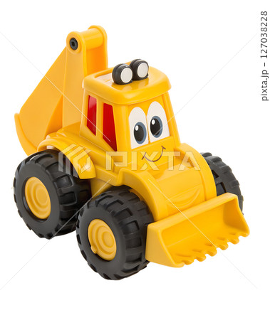 Cheerful Yellow Toy Digger with Smiling Face and Big Eyes Ready to Play 127038228