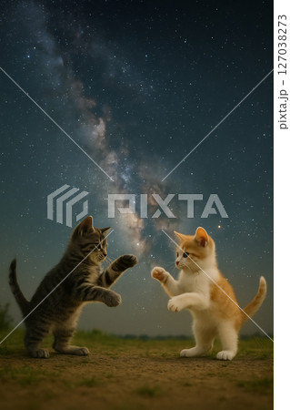 天の川を背景に遊ぶ2匹の子猫 127038273