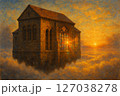 空に浮かぶ中世の図書館と朝焼けの幻想風景 空に浮かぶ中世の図書館と朝焼けの幻想風景 127038278