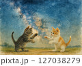 水彩風の天の川の下で遊ぶ2匹の子猫 水彩風の天の川の下で遊ぶ2匹の子猫 127038279