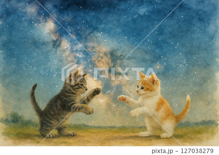 水彩風の天の川の下で遊ぶ2匹の子猫 水彩風の天の川の下で遊ぶ2匹の子猫 127038279