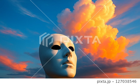 空を見上げる白仮面と巨大な雲 127038546