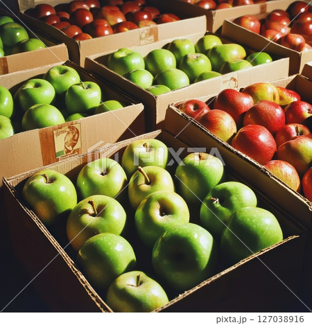 Freshly Harvested Apples in Wooden Boxes Ready for Sale 127038916