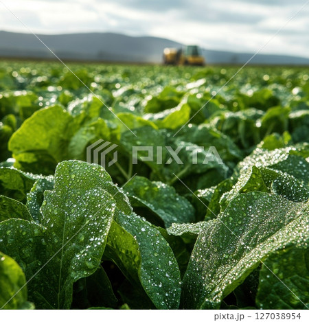 Fresh Green Leaves Covered in Water Droplets on Sunny Farm Field 127038954