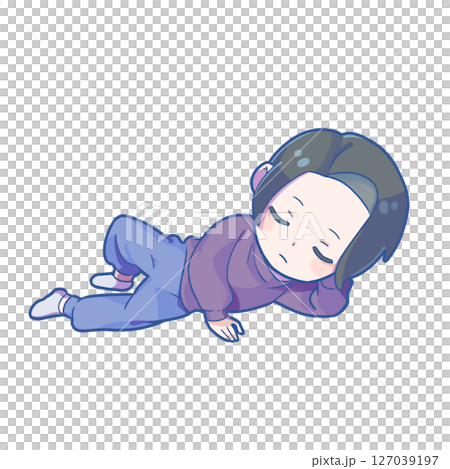 【商用利用可能！】19-くつろいで寝転がる日本人男性のSDイラスト1-日常系コンテンツなどに 127039197