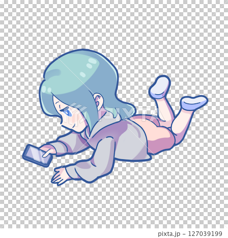 [允許商業使用！ ] 21-SD 插圖，一名日本女性躺著放鬆，玩著智慧型手機 1 127039199