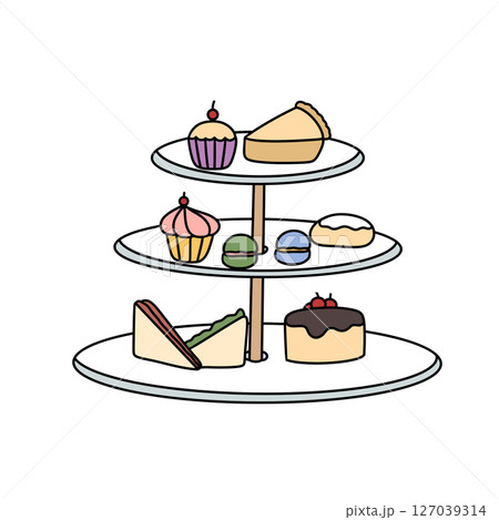 A white plate with three tiers of desserts including a sandwich, cupcakes A white plate with three tiers of desserts including a sandwich, cupcakes 127039314