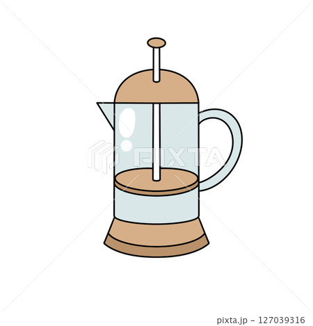A coffee press with a wooden handle sits on a white background 127039316