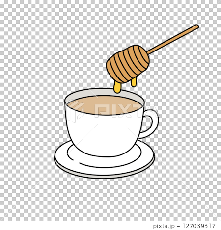 A cup of tea with a spoon in it and honey drizzled on top 127039317