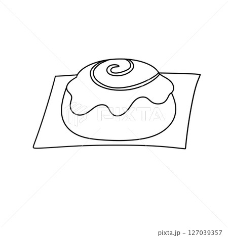 A white pastry with a swirl of icing on top 127039357