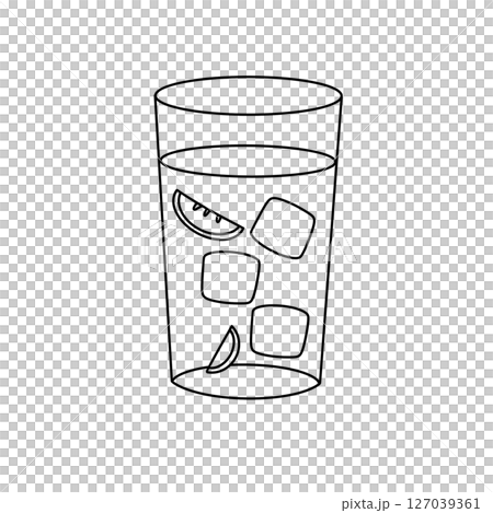 A glass of water with ice cubes and a slice of orange A glass of water with ice cubes and a slice of orange 127039361