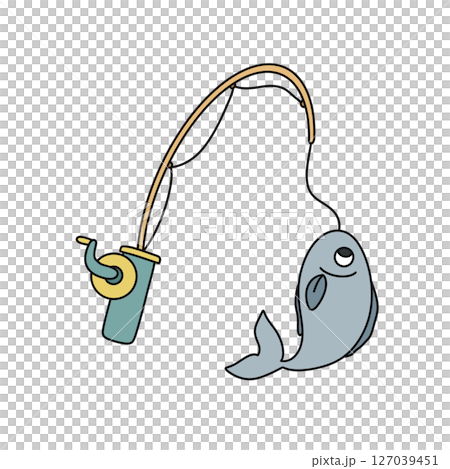 A cartoon fish is hooked up to a fishing pole 127039451