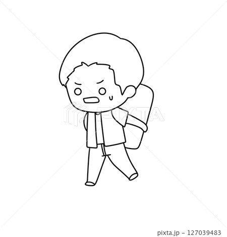 A boy is walking with a backpack on his back 127039483