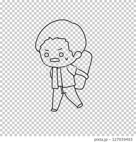 A boy is walking with a backpack on his back 127039483
