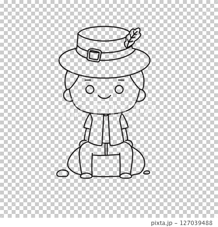 A cartoon boy wearing a hat and a vest sits on a rock 127039488