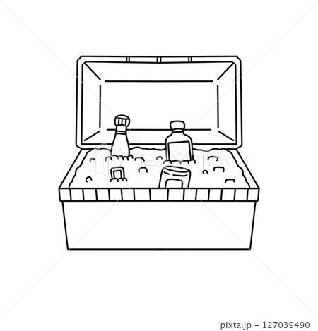 A black and white drawing of a cooler with a bottle of beer and a bottle of soda A black and white drawing of a cooler with a bottle of beer and a bottle of soda 127039490