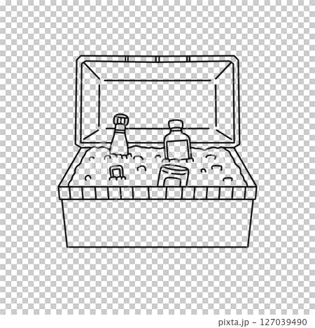 A black and white drawing of a cooler with a bottle of beer and a bottle of soda A black and white drawing of a cooler with a bottle of beer and a bottle of soda 127039490