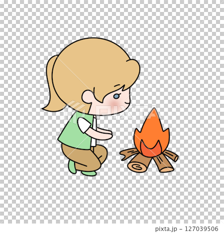 A girl is sitting next to a fire A girl is sitting next to a fire 127039506