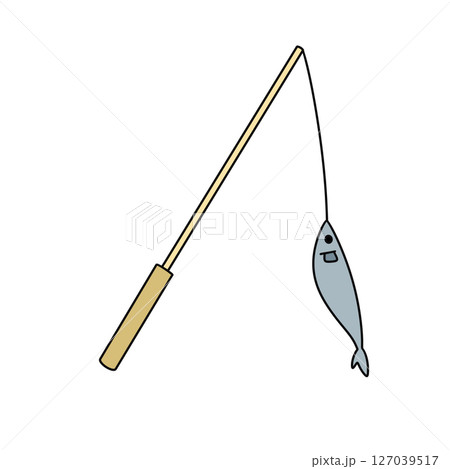 A cartoon fish is hooked up to a fishing pole 127039517