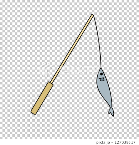 A cartoon fish is hooked up to a fishing pole 127039517