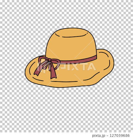 A yellow hat with a red ribbon tied around it 127039686