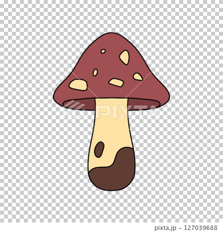 A cartoon mushroom with brown spots and a brown stem A cartoon mushroom with brown spots and a brown stem 127039688