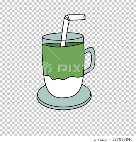 A cartoon drawing of a cup of green tea with a straw in it A cartoon drawing of a cup of green tea with a straw in it 127039840