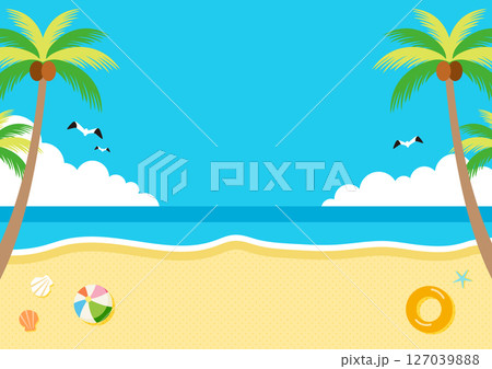 夏の海とヤシの木とビーチが描かれたイラスト　バナー背景　ヘッダー背景 127039888